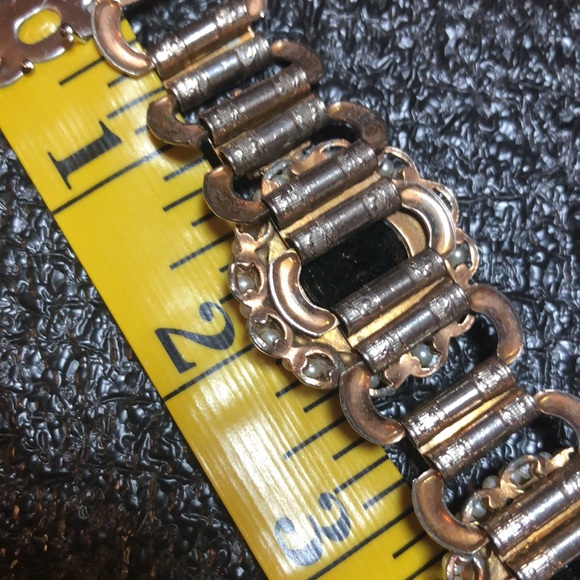 Vintage Jet Black Art Glass Rhinestone and Faux Pearl Bracelet - Picture 8 of 13